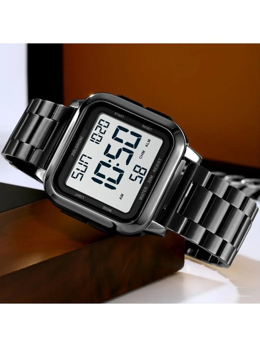 Men All Black Analog Quartz Stainless Steel Waterproof Square LED Digital Watch
